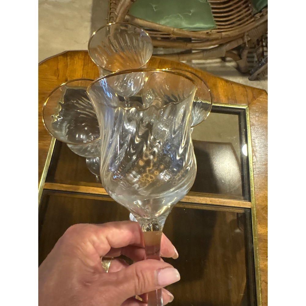 Vintage Gold Rim Optic Swirl Wine Glasses Set of 4 Clear Stemware Goblets